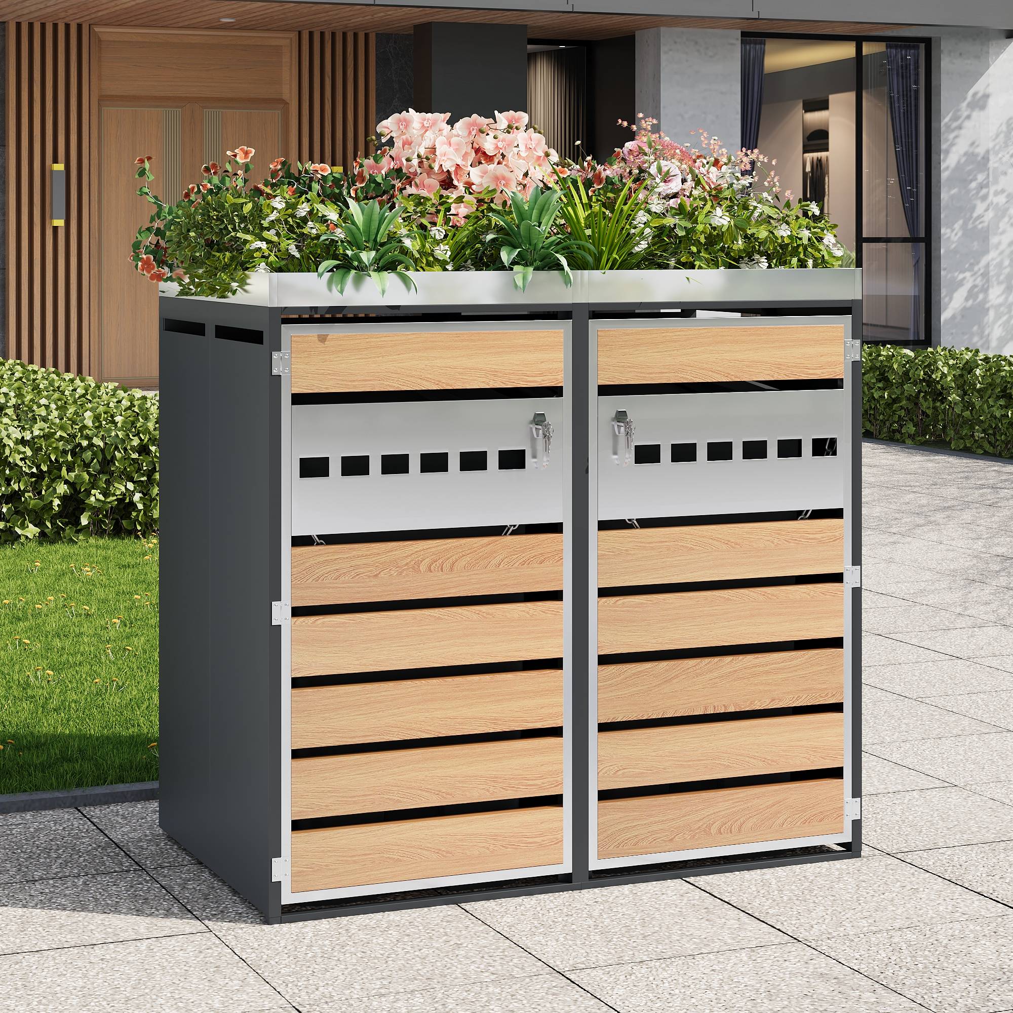 ComfortXL - Cache-poubelle double acier galvanisé extérieur avec jardinière verrouillable 132cm gris bois - ComfortXL Outdoor Living - Image 1