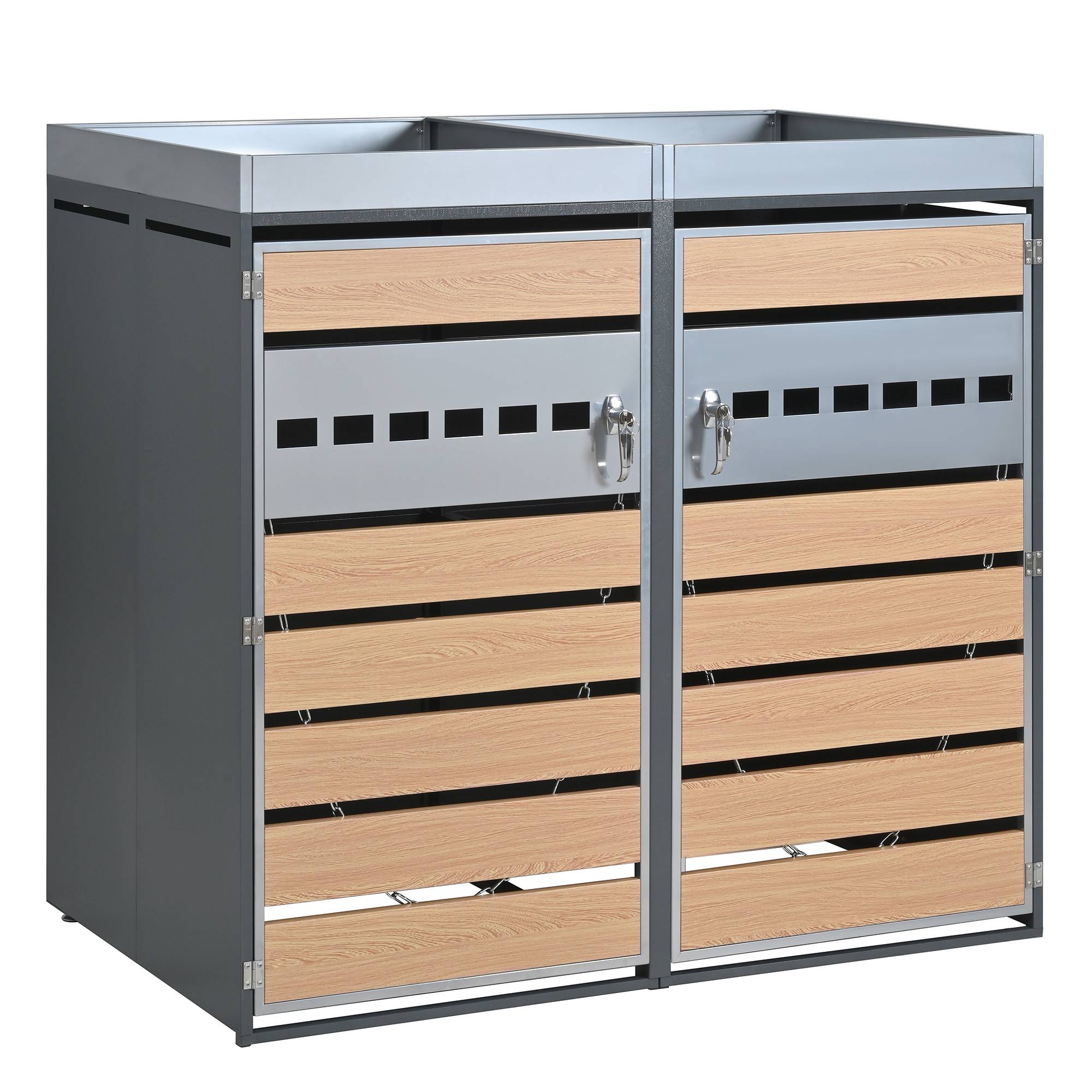 ComfortXL - Cache-poubelle double acier galvanisé extérieur avec jardinière verrouillable 132cm gris bois - ComfortXL Outdoor Living - Image 2