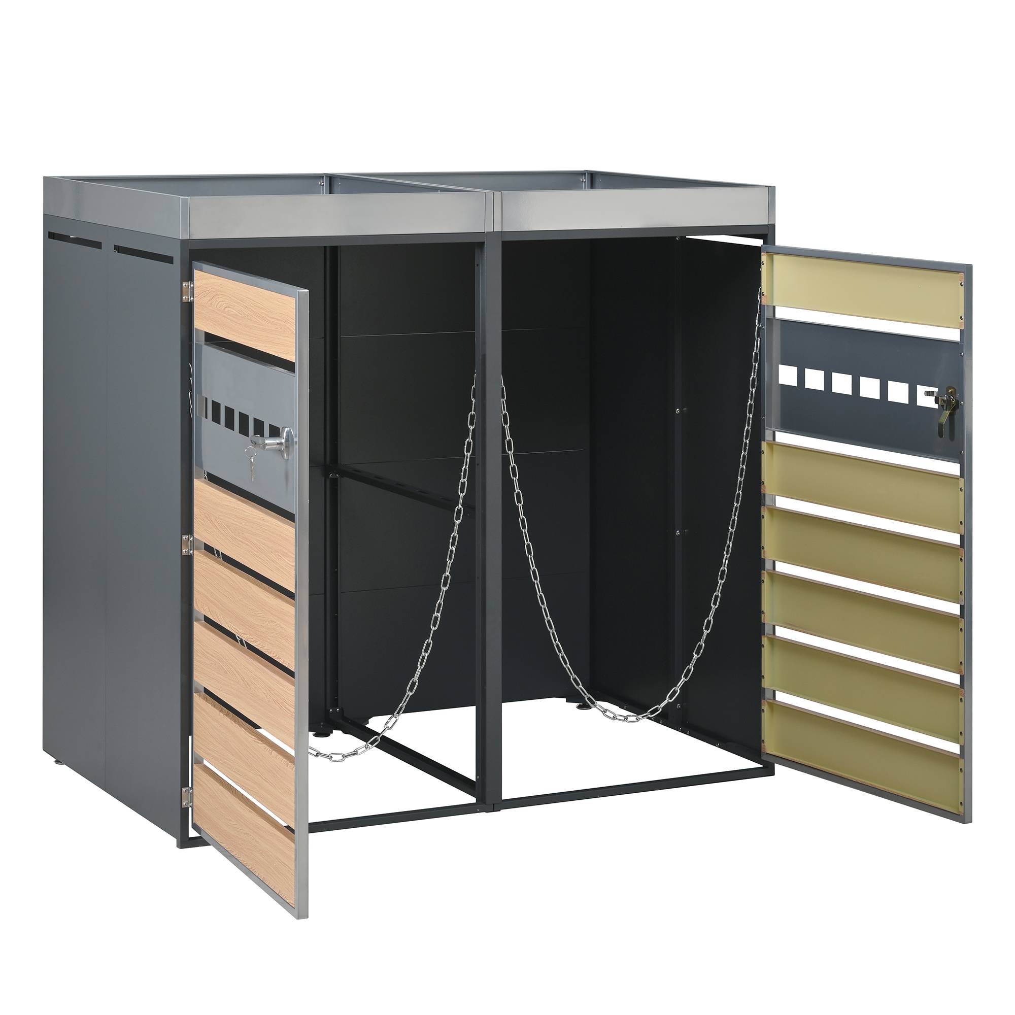 ComfortXL - Cache-poubelle double acier galvanisé extérieur avec jardinière verrouillable 132cm gris bois - ComfortXL Outdoor Living - Image 4
