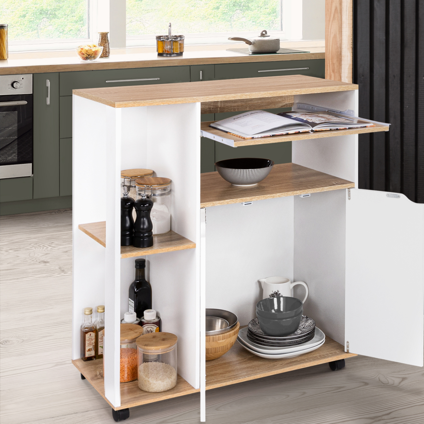Desserte de cuisine COSI bois blanc et plateaux façon hêtre L.76 CM - Image 7