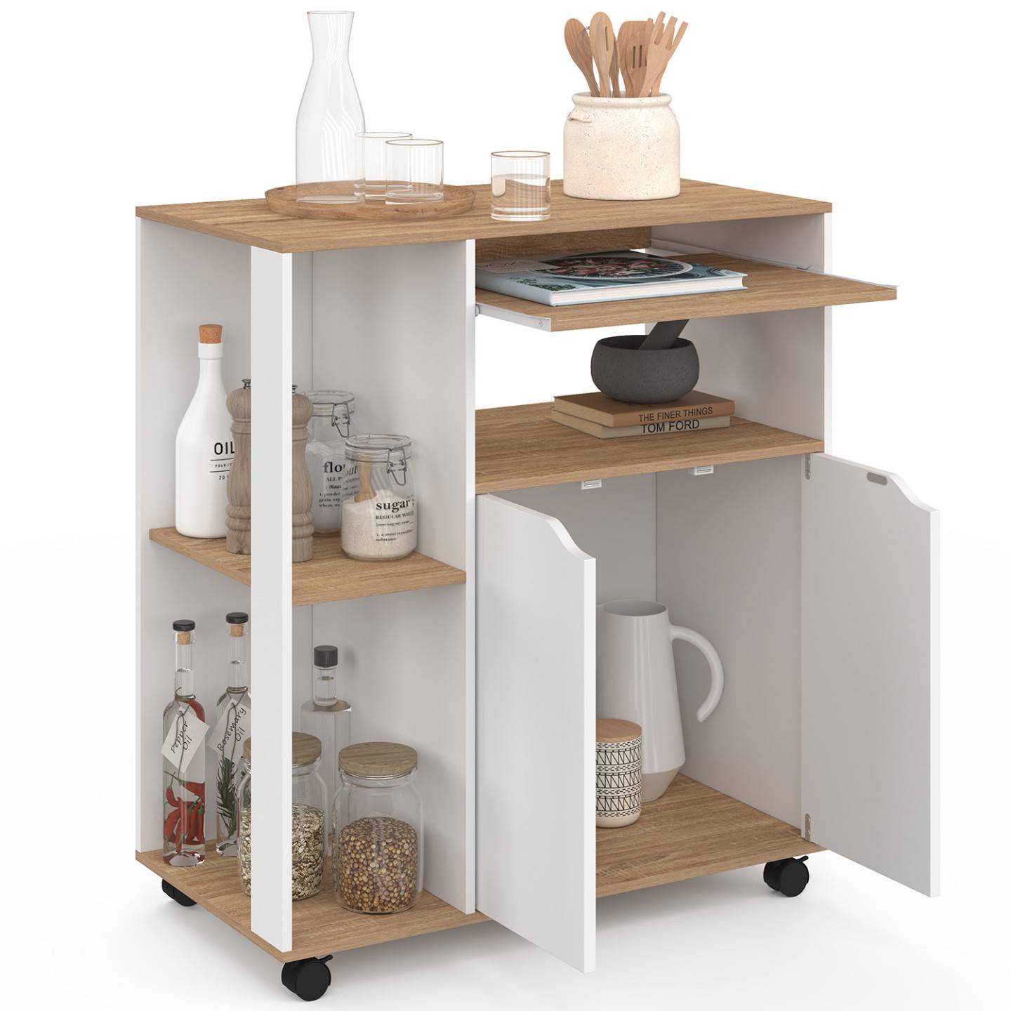 Desserte de cuisine COSI bois blanc et plateaux façon hêtre L.76 CM - Image 4