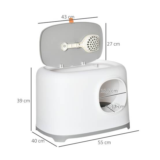 Bac à litière pour chat maison de toilette fermée avec couvercle et pelle, Plastique (PP), 55L x 40l x 39H cm, blanc - Image 5