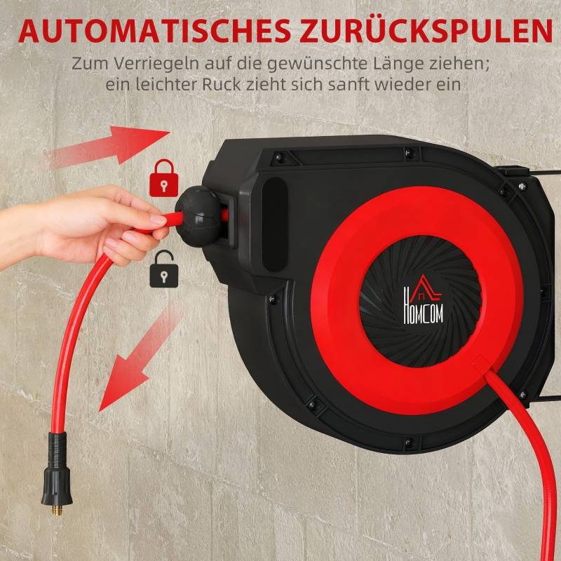 Enrouleur tuyau air comprimé plastique garage atelier rétraction automatique 16,5m rouge noir - ComfortXL Outdoor Living - Image 4