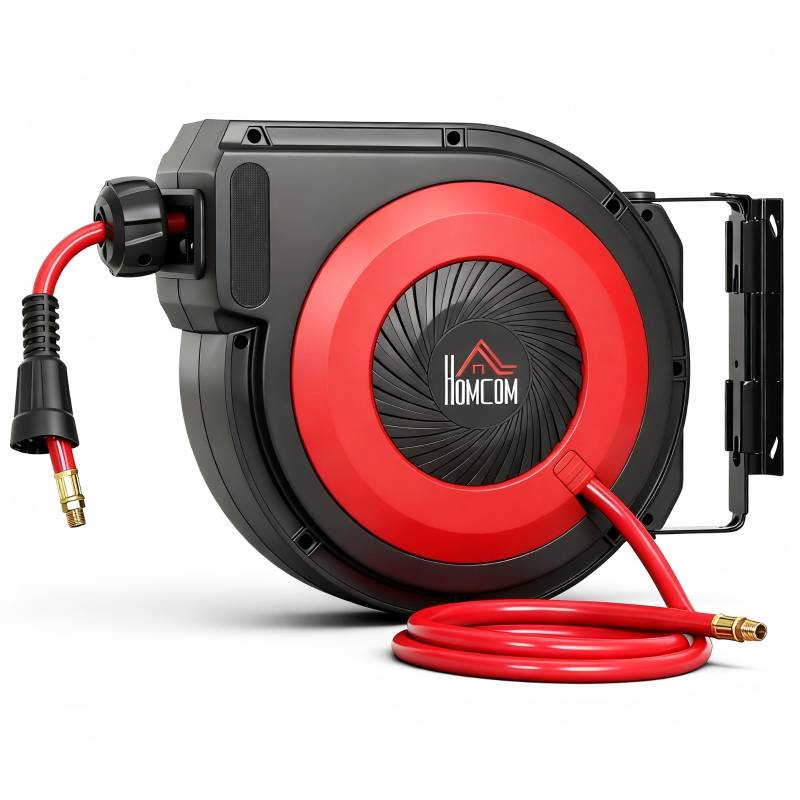 Enrouleur tuyau air comprimé plastique garage atelier rétraction automatique 16,5m rouge noir - ComfortXL Outdoor Living - Image 1
