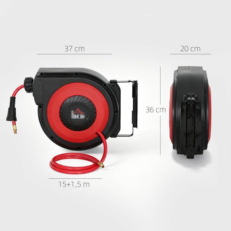 Enrouleur tuyau air comprimé plastique garage atelier rétraction automatique 16,5m rouge noir - ComfortXL Outdoor Living - Image 2