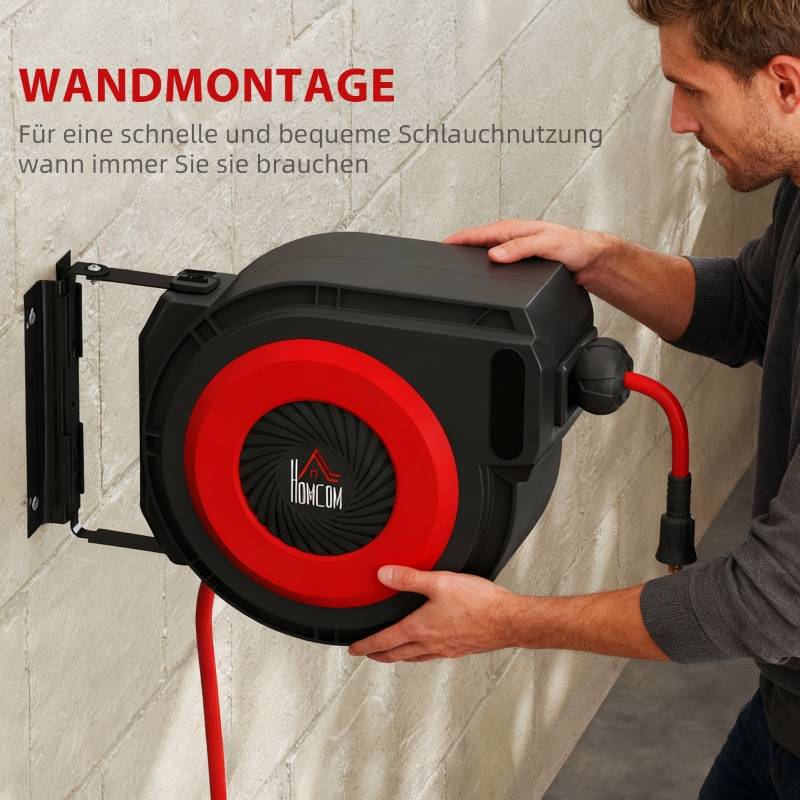 Enrouleur tuyau air comprimé plastique garage atelier rétraction automatique 16,5m rouge noir - ComfortXL Outdoor Living - Image 6