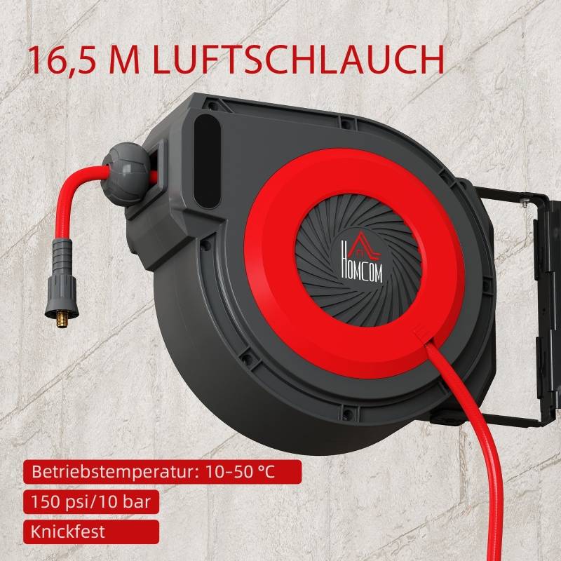 Enrouleur tuyau air comprimé plastique garage atelier rétraction automatique 16,5m rouge noir - ComfortXL Outdoor Living - Image 3
