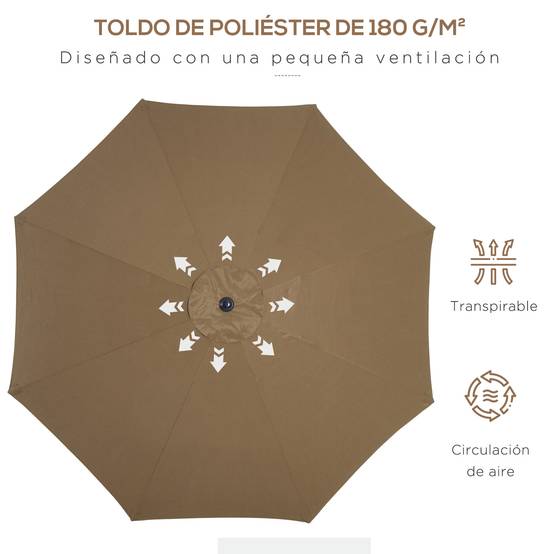 Parasol de jardin à manivelle et toit inclinable pour terrasse ou patio extérieur Ø300x252 cm Marron - Image 8