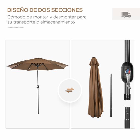 Parasol de jardin à manivelle et toit inclinable pour terrasse ou patio extérieur Ø300x252 cm Marron - Image 10