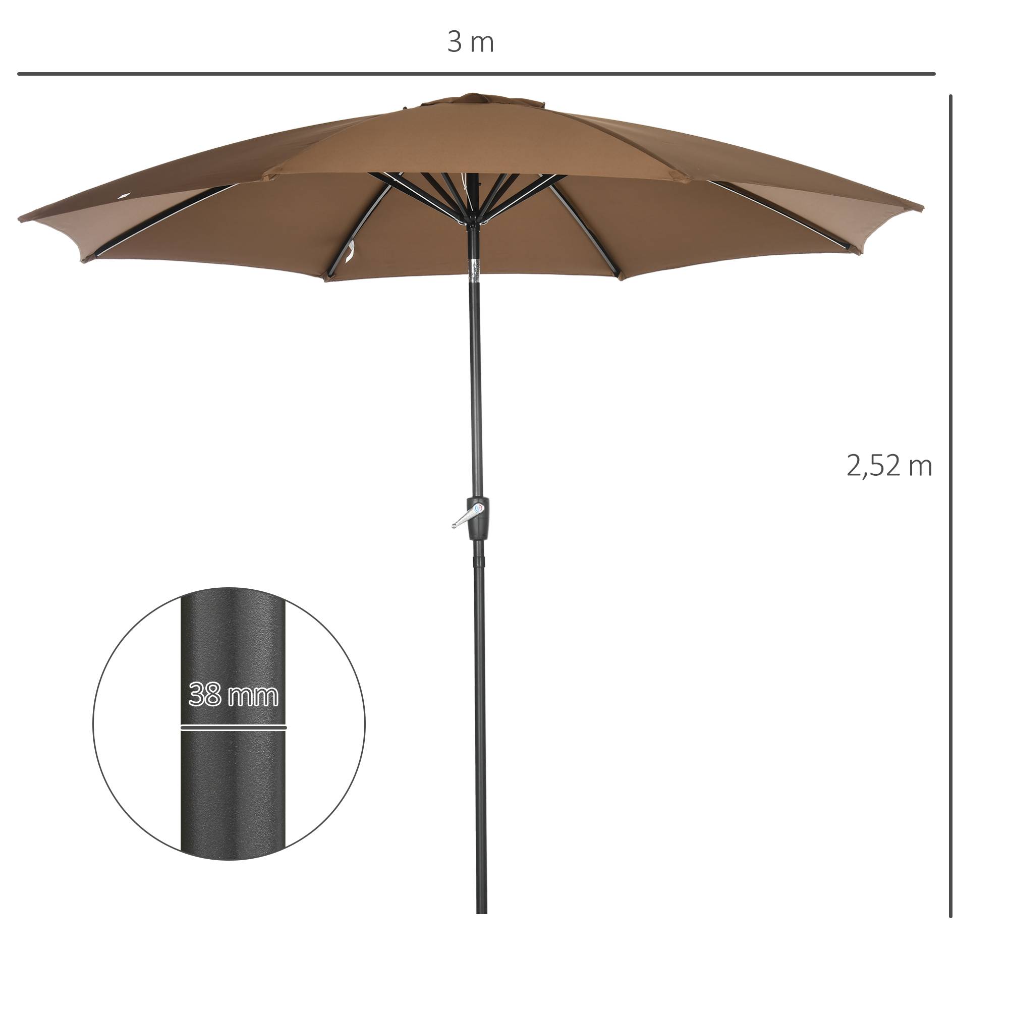 Parasol de jardin à manivelle et toit inclinable pour terrasse ou patio extérieur Ø300x252 cm Marron - Image 5