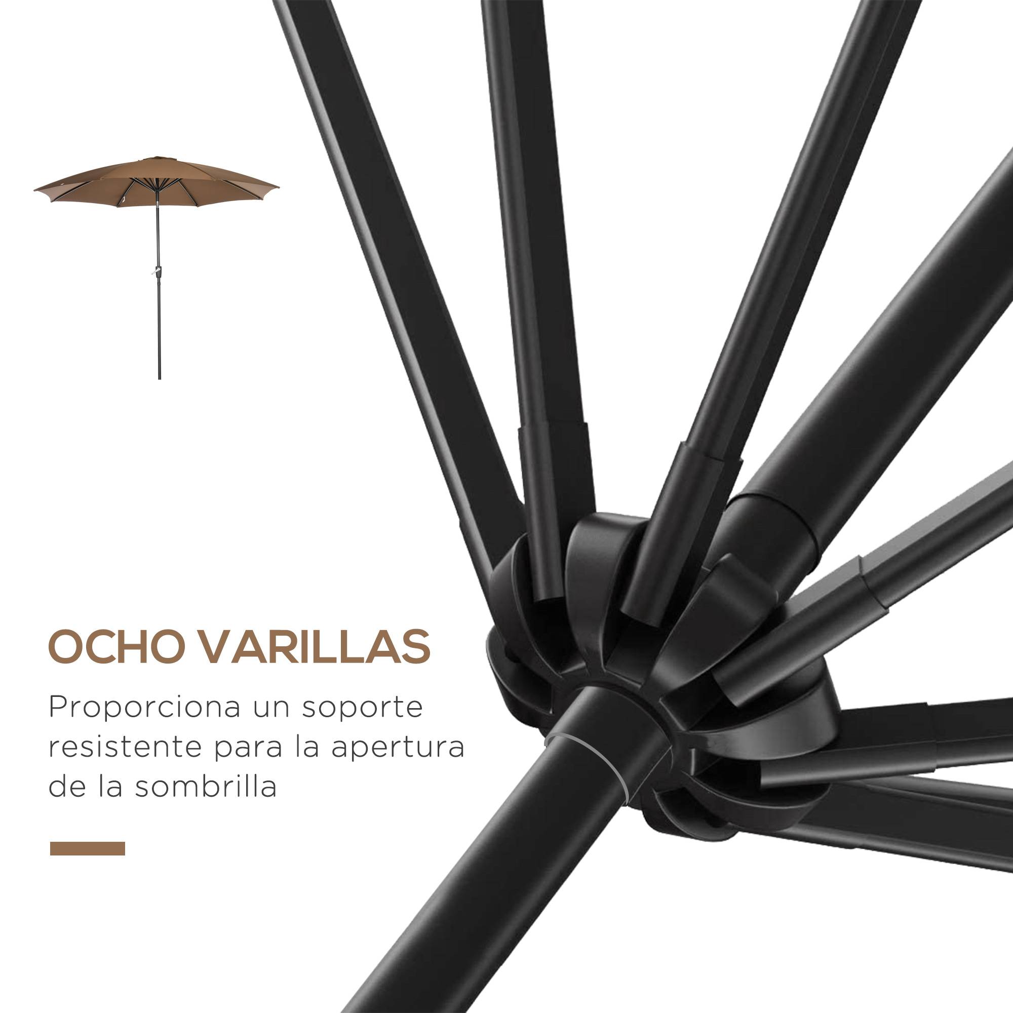 Parasol de jardin à manivelle et toit inclinable pour terrasse ou patio extérieur Ø300x252 cm Marron - Image 9