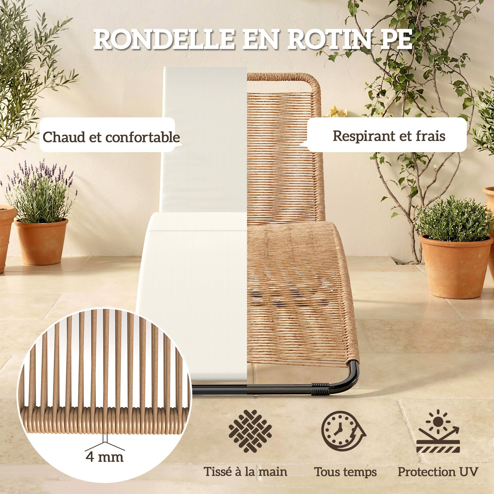 Bain de soleil en résine tressée transat de jardin design en S courbe naturelle structure robuste acier coussin crème - Image 7