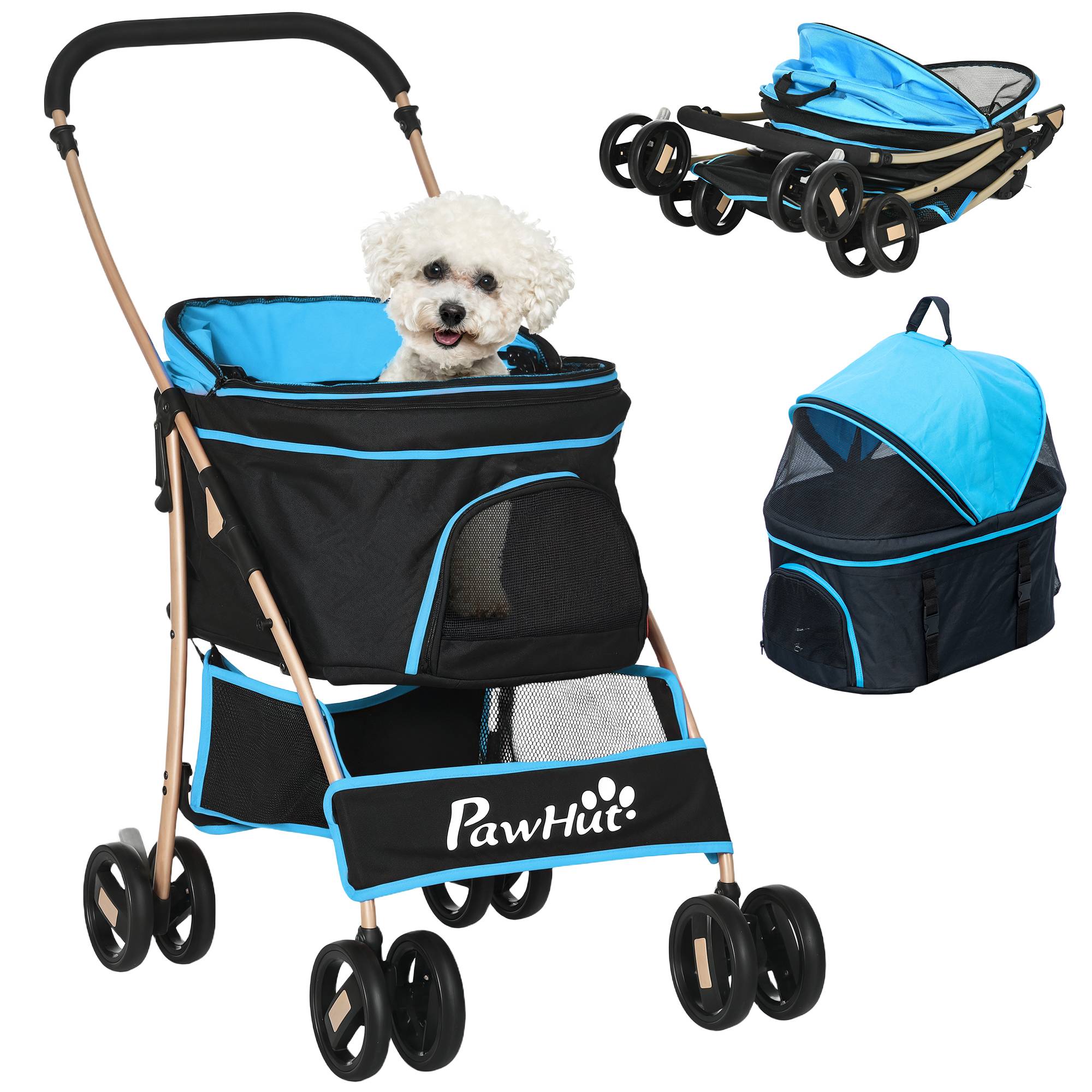 Poussette 3 en 1 pour petits chiens avec wagon détachable, panier de rangement, sangles de sécurité et coussin - Bleu - Image 1