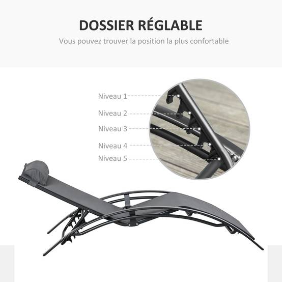 Bain de Soleil transat de jardin chaise longue Contemporain - 171x64x82cm Aluminium Gris fr113 - Image 5