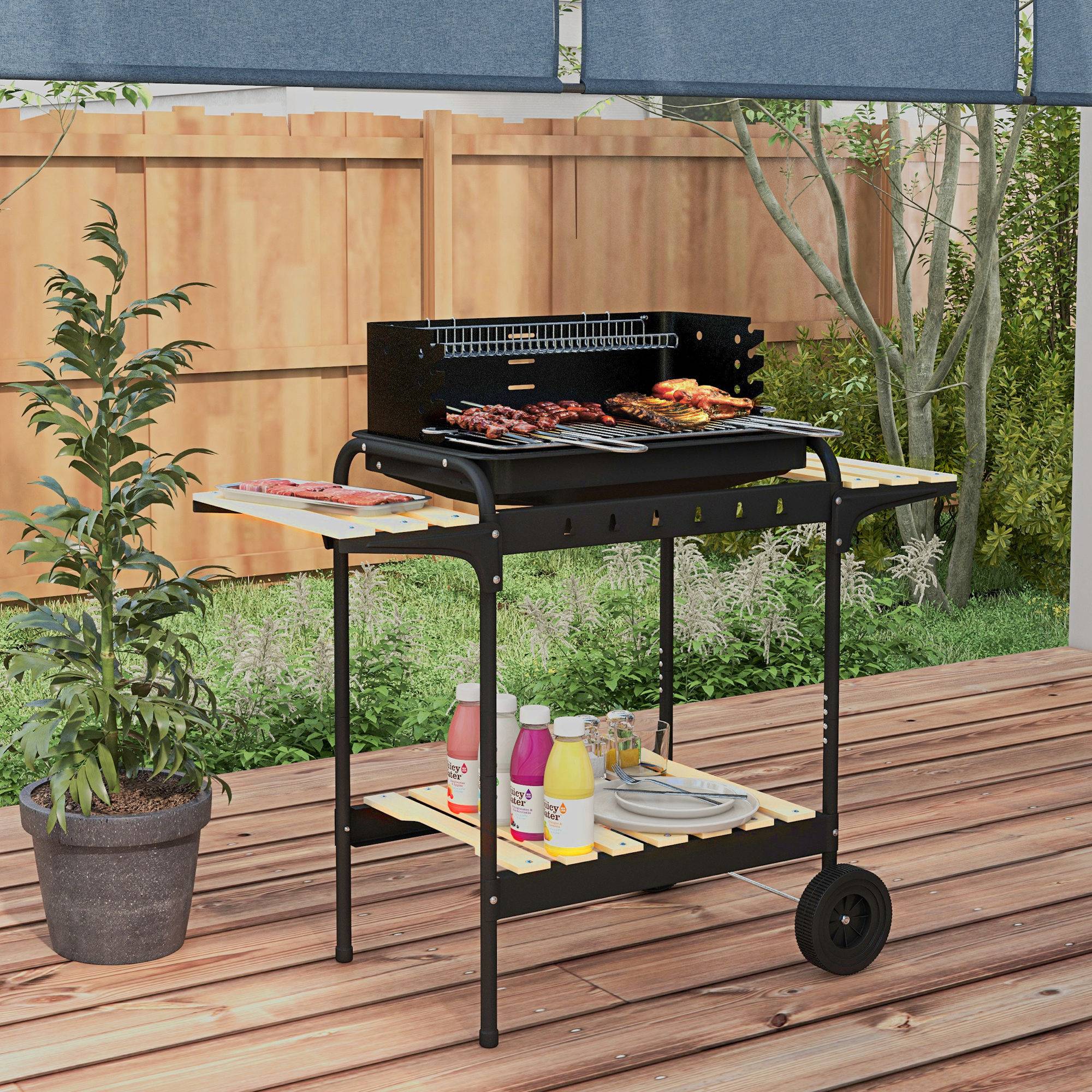 Barbecue à charbon chariot métal jardin cuisson réglable 3 étagères noir 103 cm - ComfortXL Outdoor Living - Image 3