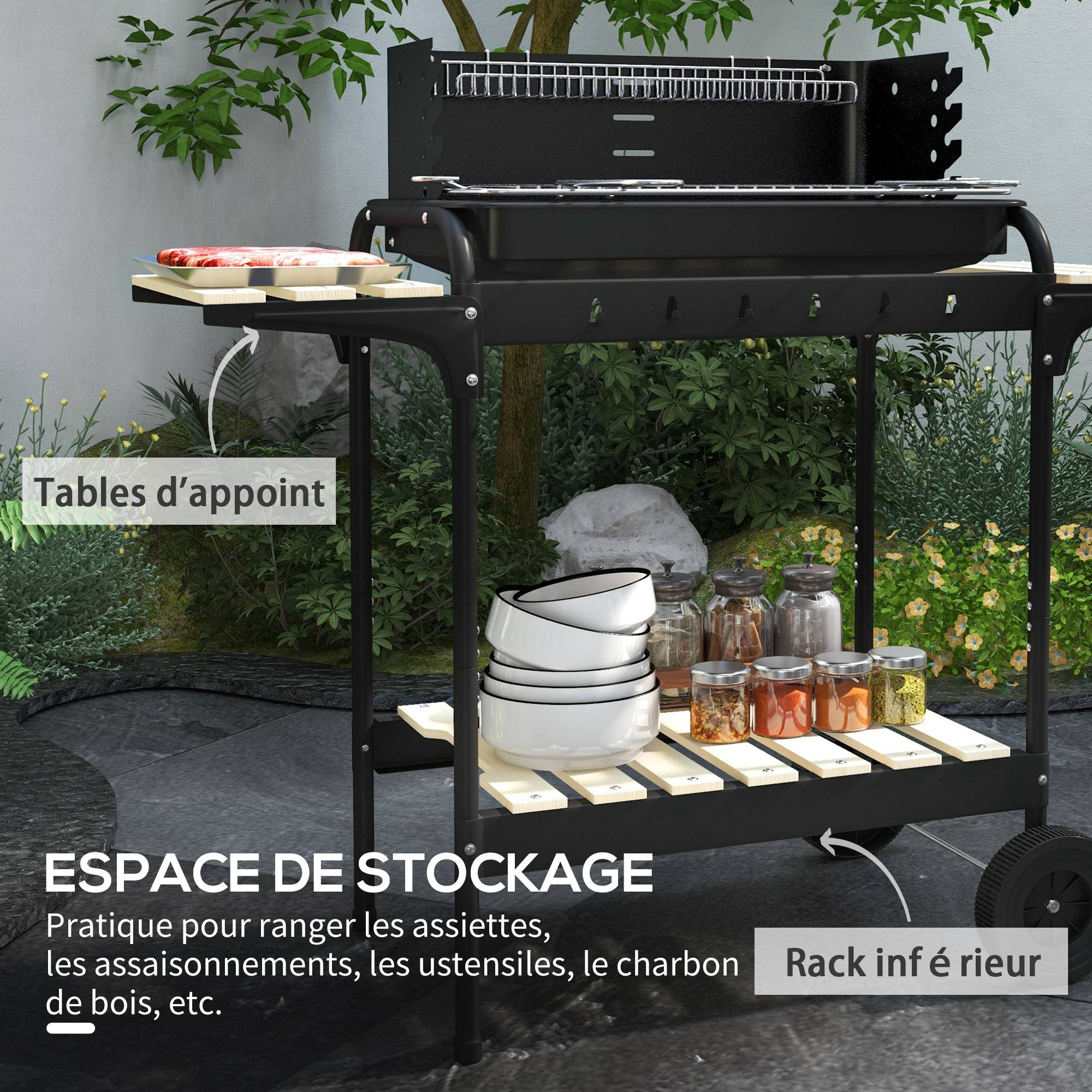 Barbecue à charbon chariot métal jardin cuisson réglable 3 étagères noir 103 cm - ComfortXL Outdoor Living - Image 8