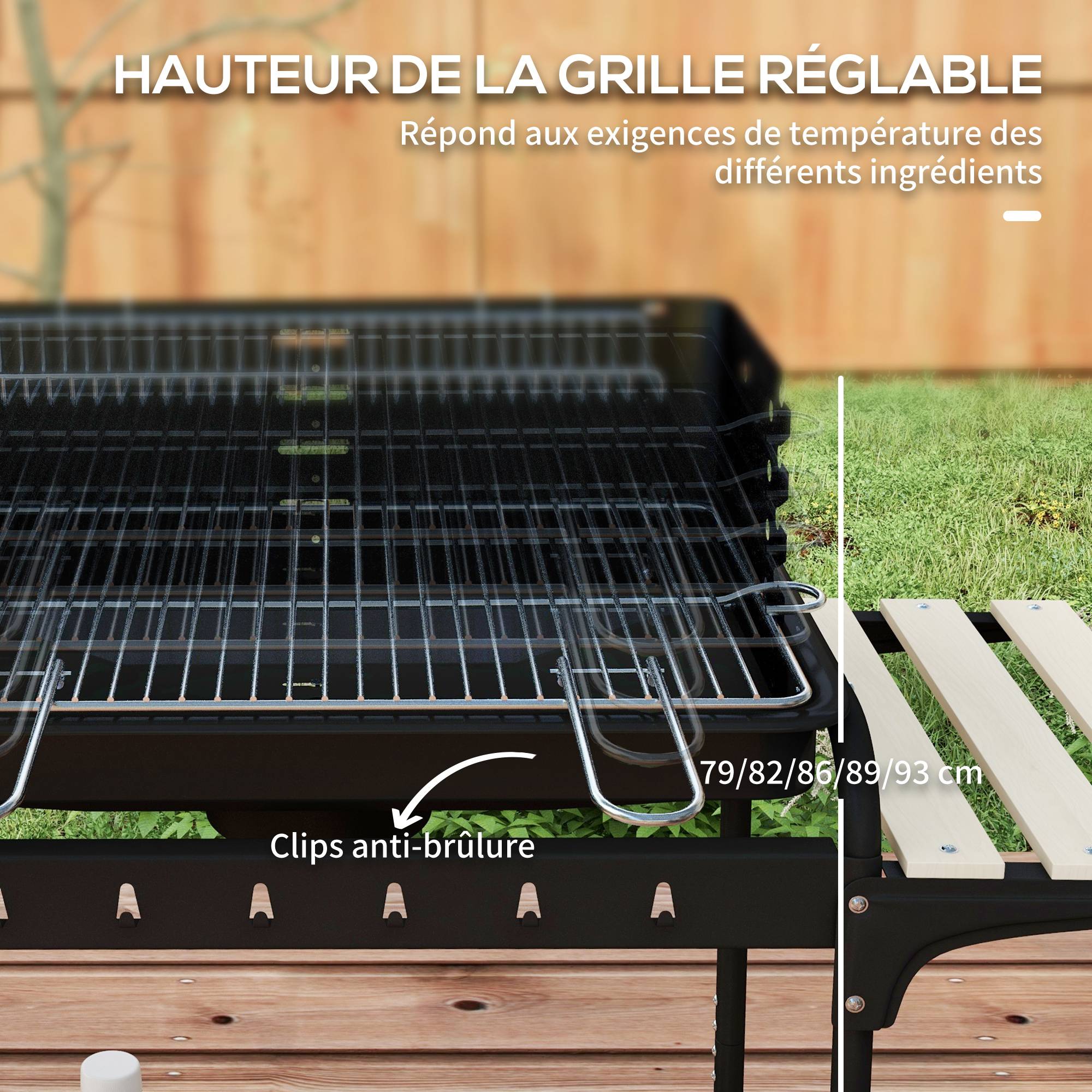 Barbecue à charbon chariot métal jardin cuisson réglable 3 étagères noir 103 cm - ComfortXL Outdoor Living - Image 7
