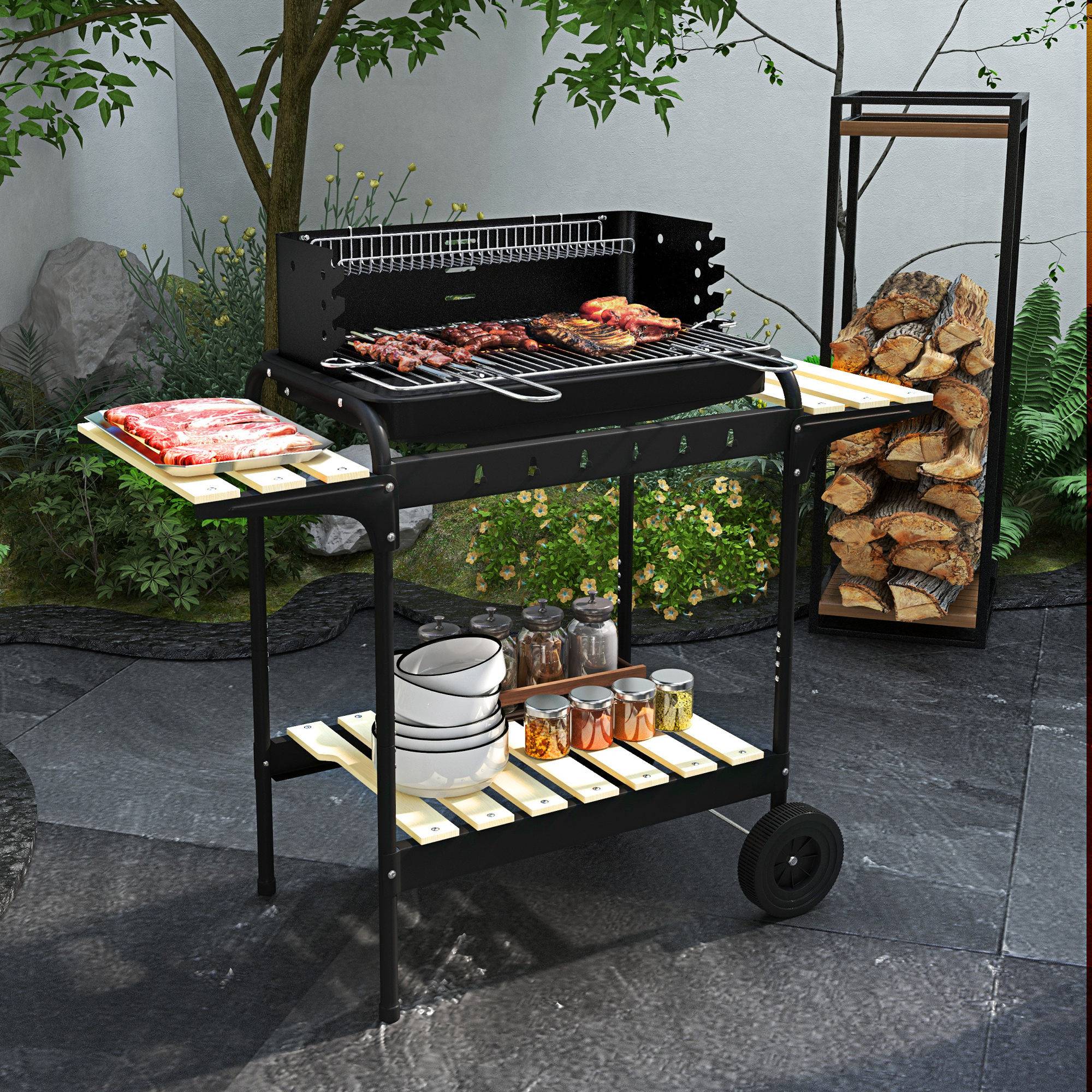 Barbecue à charbon chariot métal jardin cuisson réglable 3 étagères noir 103 cm - ComfortXL Outdoor Living - Image 4