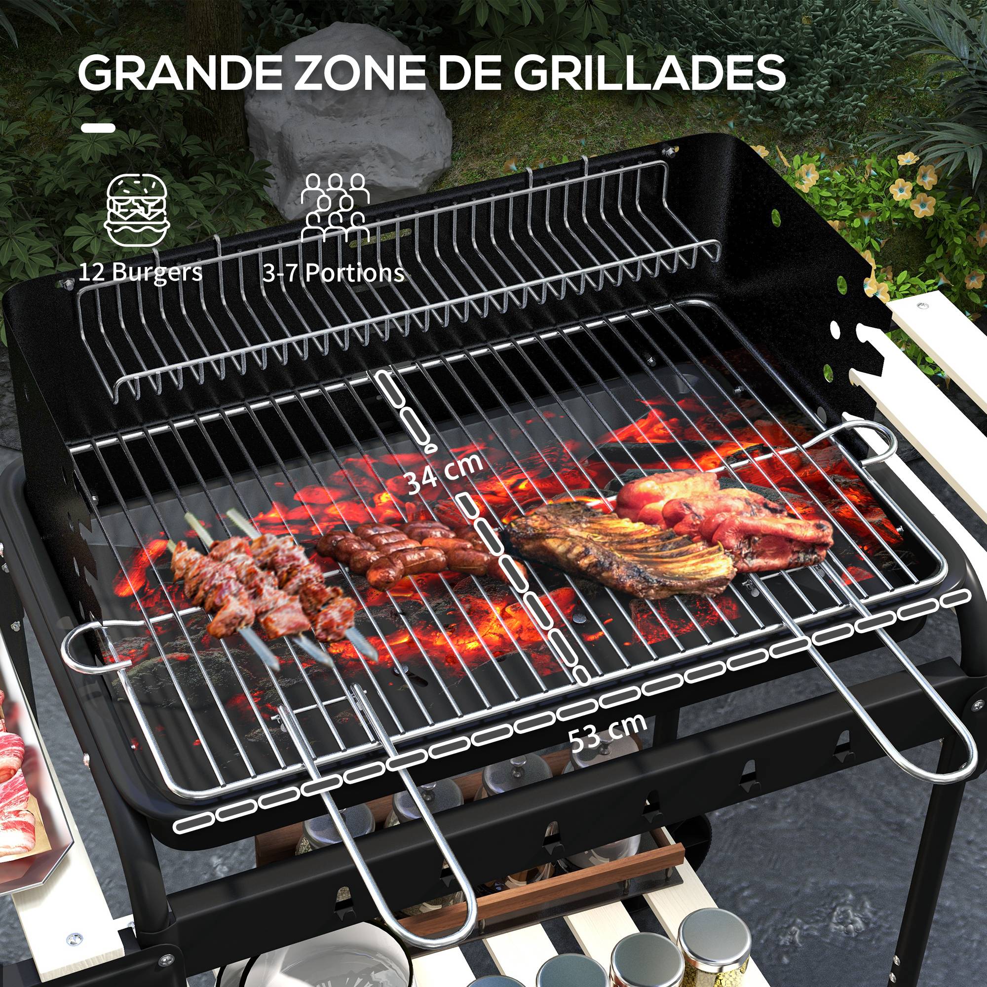 Barbecue à charbon chariot métal jardin cuisson réglable 3 étagères noir 103 cm - ComfortXL Outdoor Living - Image 6
