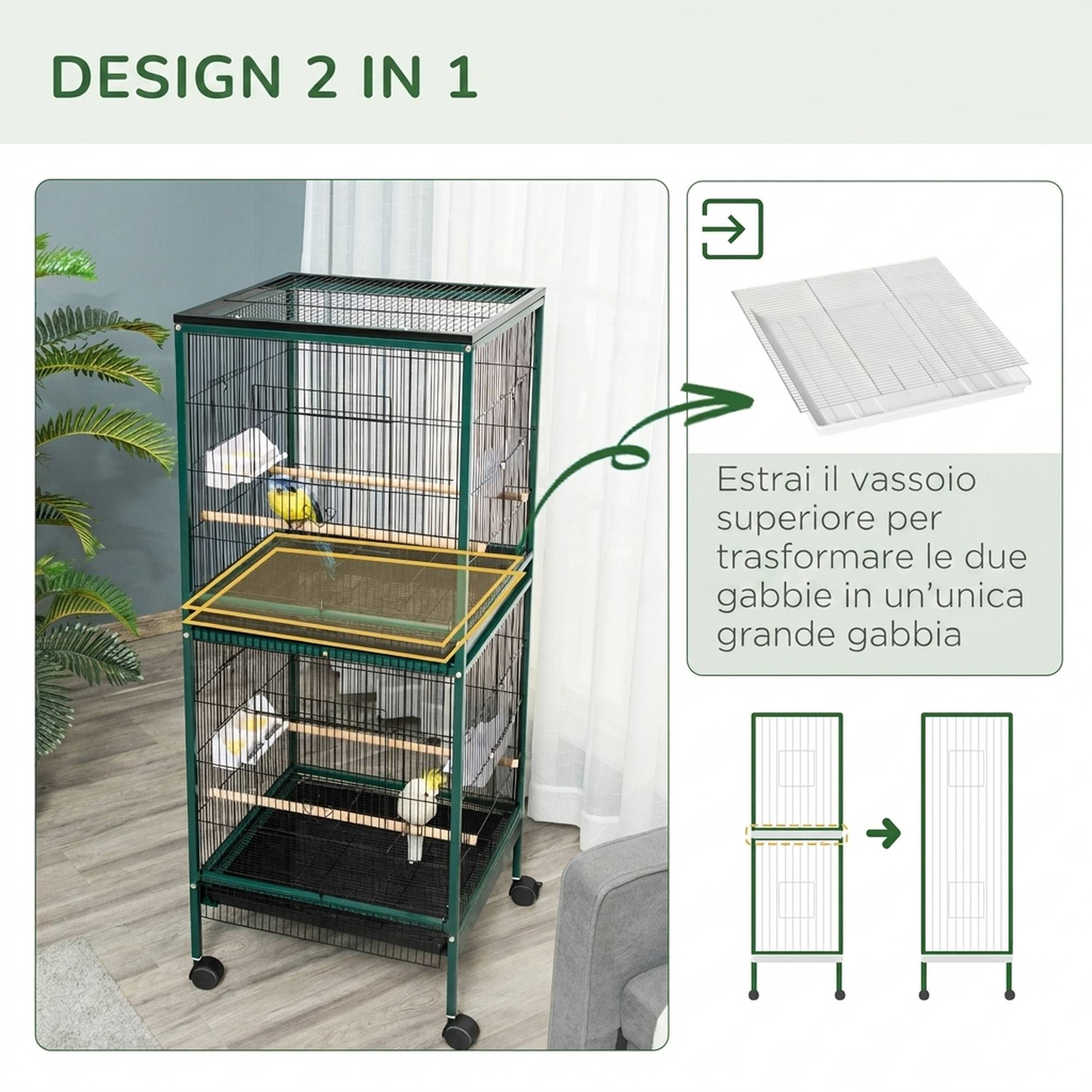 Cage volière pour oiseaux d'intérieur avec roues et bacs amovibles, 51,5x50x140 cm, vert foncé - Image 6