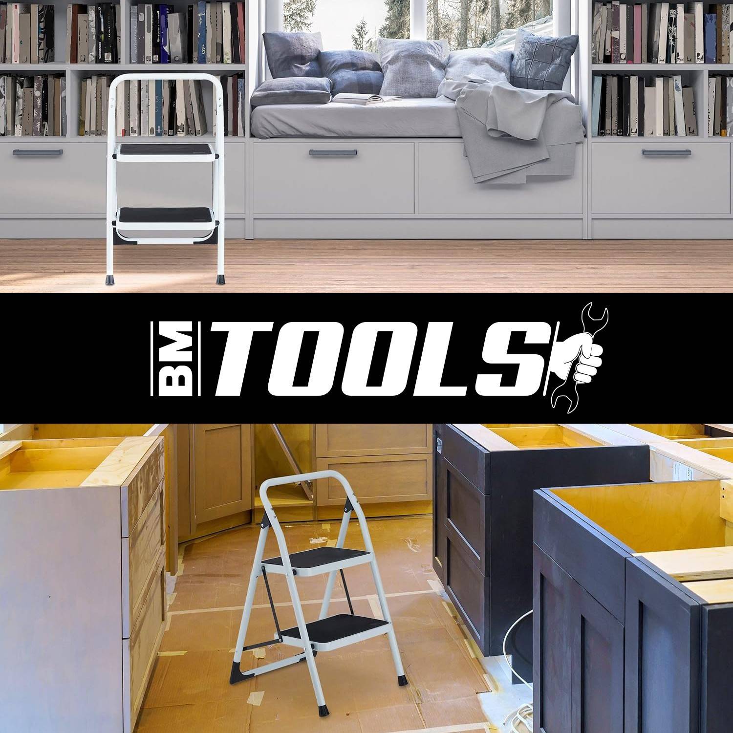 Escabeau 4 Marches BM TOOLS BMT-ESC4-ACIER - Hauteur Travail 95 Cm, Anti-Dérapant, Pliant & Léger