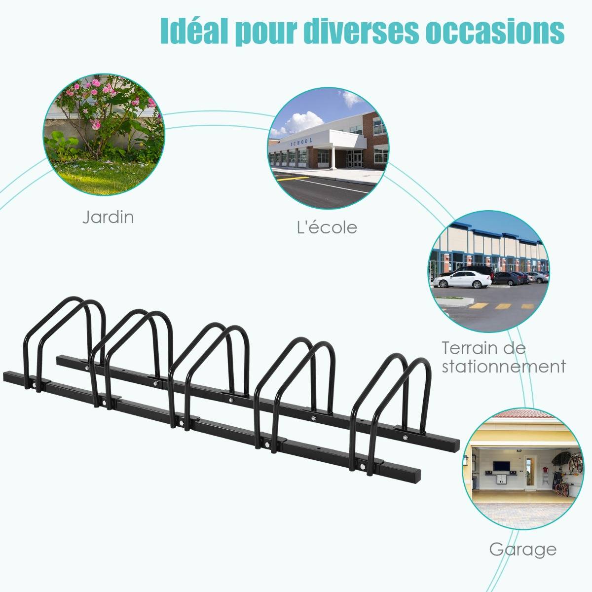 Râtelier pour 5 Vélo en Acier Revêtu Fixation au Sol ou au Mur pour Extérieur et Intérieur 150 x 32,5 x 26CM Noir - Image 5