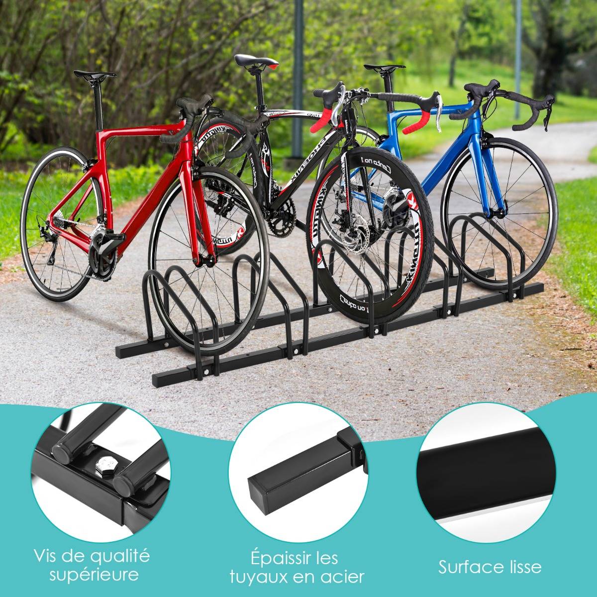 Râtelier pour 5 Vélo en Acier Revêtu Fixation au Sol ou au Mur pour Extérieur et Intérieur 150 x 32,5 x 26CM Noir - Image 4