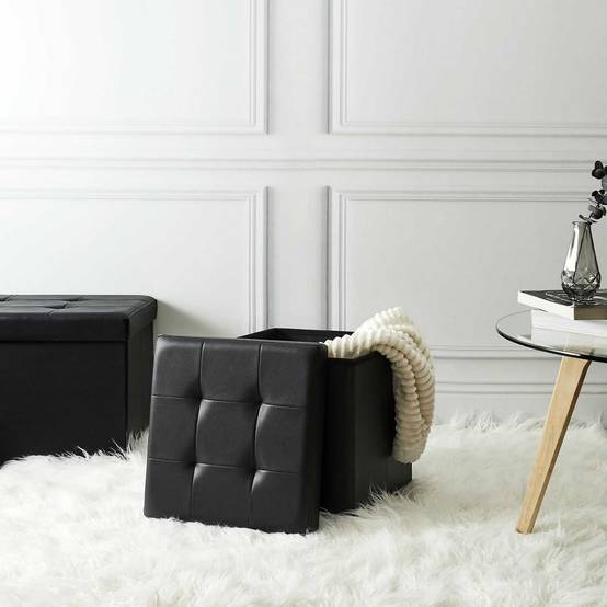 Pouf Coffre Pliable Carré Simili Cuir Noir Capitonné - RONNY - Image 5