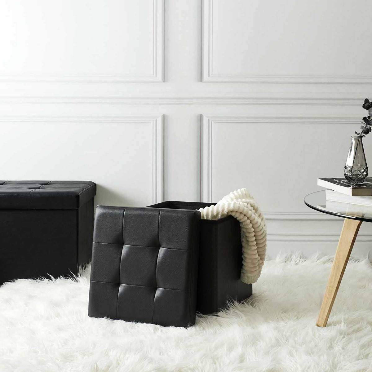 Pouf Coffre Pliable Carré Simili Cuir Noir Capitonné - RONNY - Image 5
