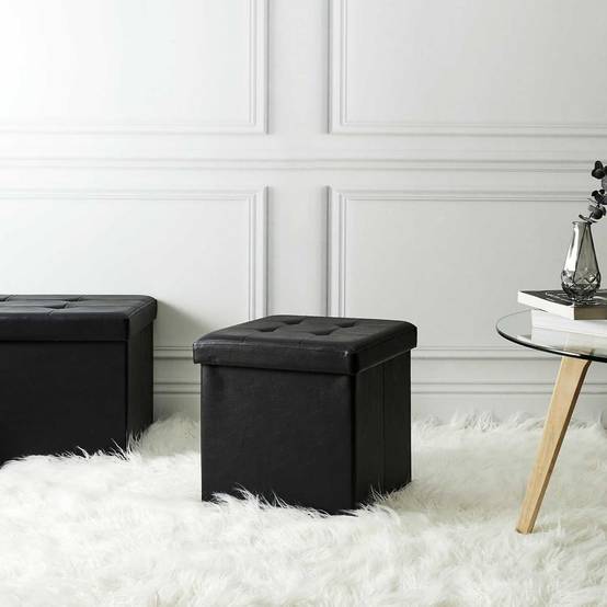 Pouf Coffre Pliable Carré Simili Cuir Noir Capitonné - RONNY - Image 4