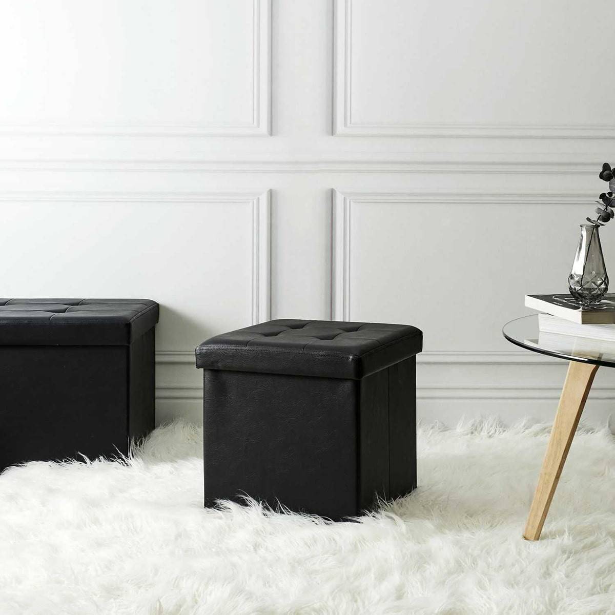 Pouf Coffre Pliable Carré Simili Cuir Noir Capitonné - RONNY - Image 4