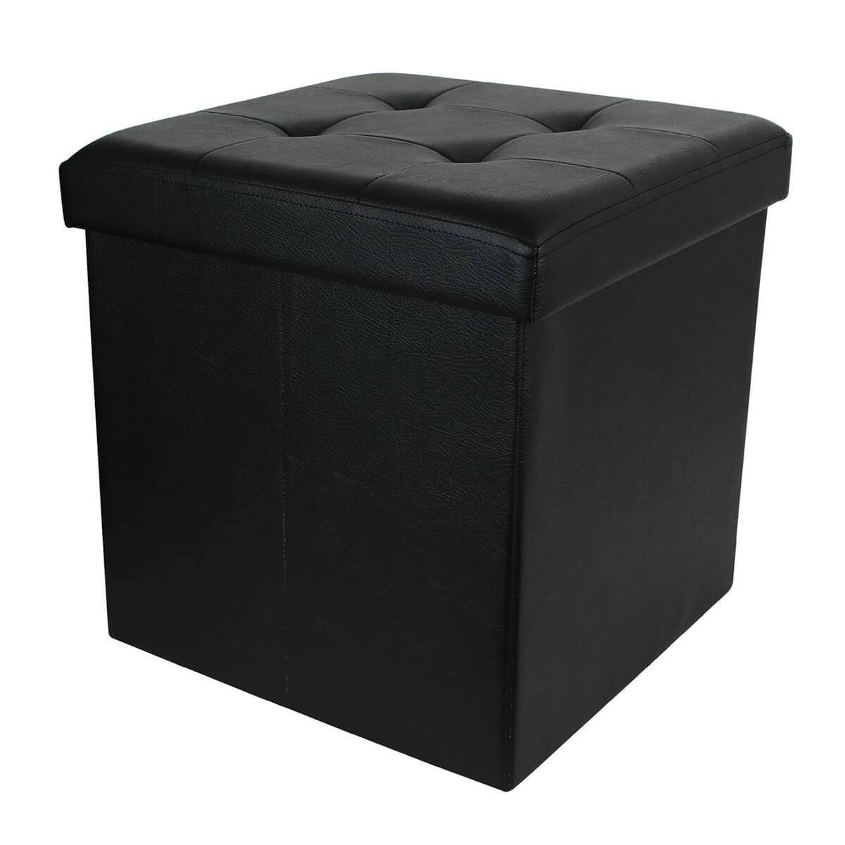 Pouf Coffre Pliable Carré Simili Cuir Noir Capitonné - RONNY - Image 1