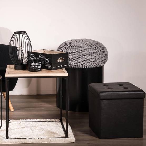 Pouf Coffre Pliable Carré Simili Cuir Noir Capitonné - RONNY - Image 3