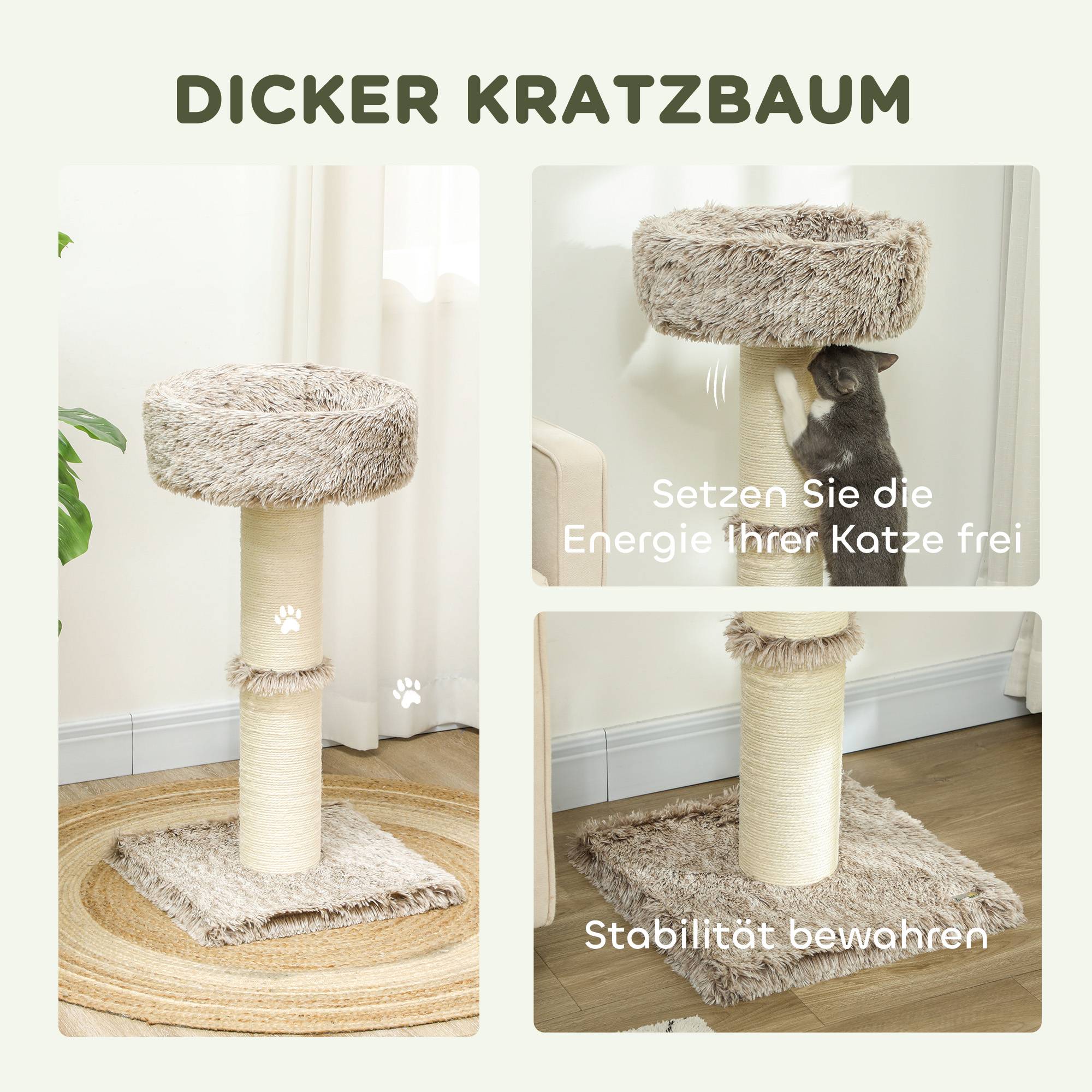 Arbre à chat bois peluche pour intérieur poteau à gratter épais 87cm marron - ComfortXL Outdoor Living - Image 6