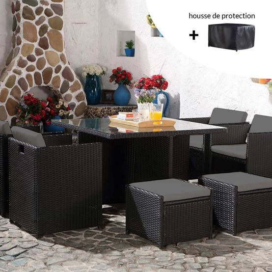 Salon de jardin 8 places noir-gris + housse de protection MIAMI - Image 1