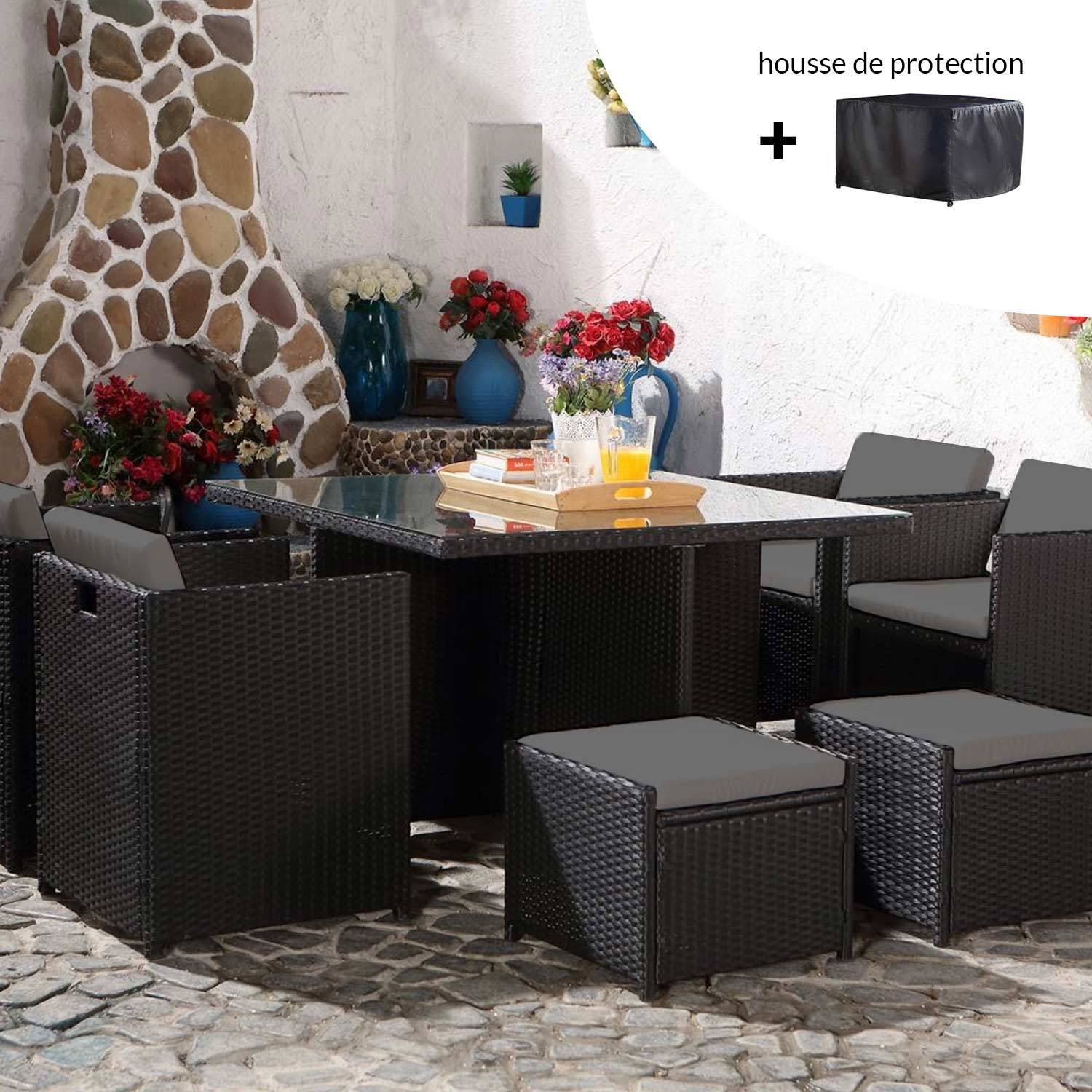 Salon de jardin 8 places noir-gris + housse de protection MIAMI