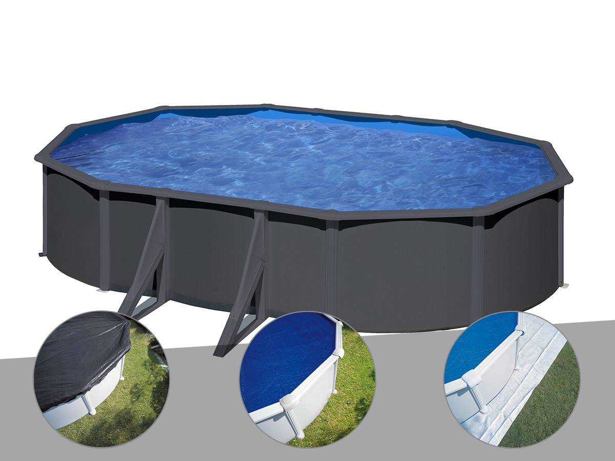 Gré - Kit piscine acier gris anthracite Gré Louko ovale 5,27 x 3,27 x 1,22 m + Bâche d'hivernage + Bâche à bulles + Tapis de sol