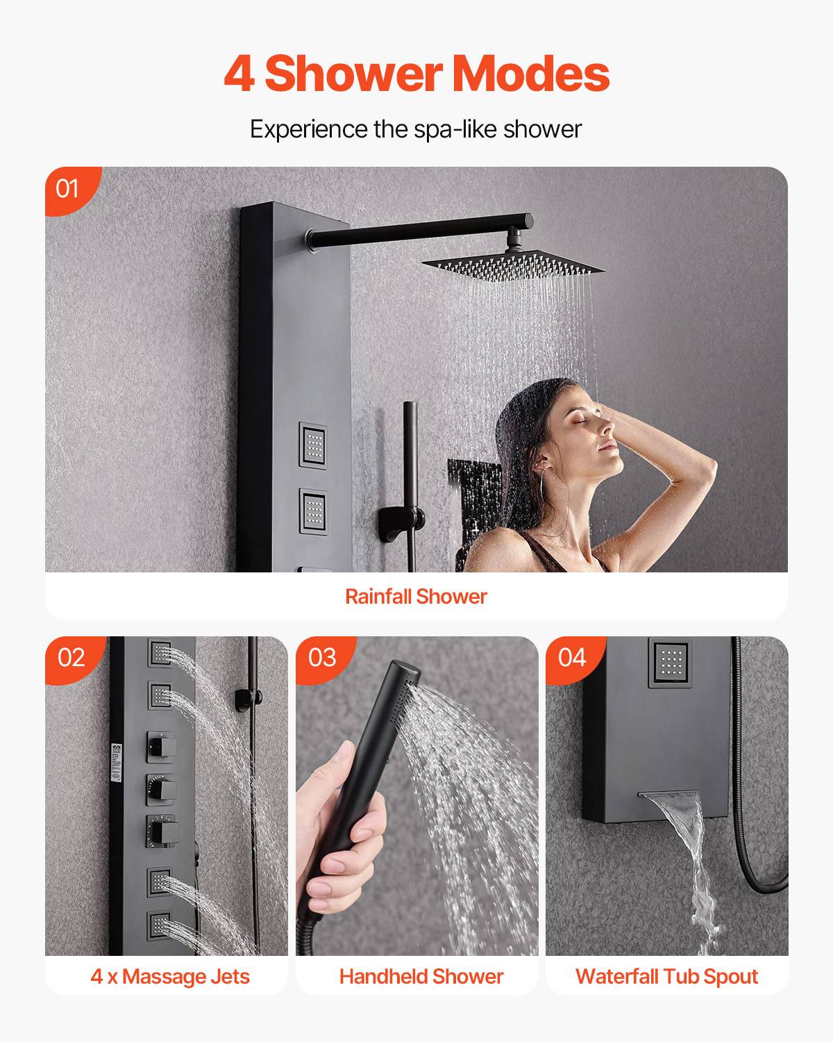 VEVOR Colonne de douche inox : pommeau pluie, panneau mural 4 fonctions, 4 jets corporels, douchette et bec de baignoire. - Image 3