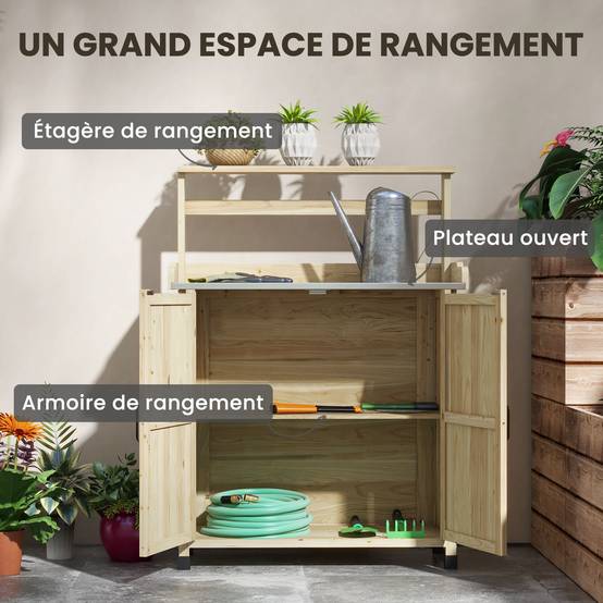 Table de rempotage table de jardinage placard et étagères et plateau patins antidérapants 90,5x41x124,5cm bois naturel - Image 7