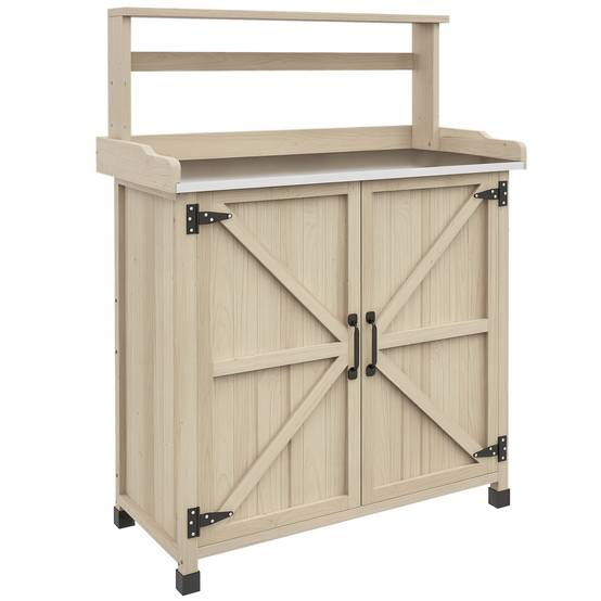 Table de rempotage table de jardinage placard et étagères et plateau patins antidérapants 90,5x41x124,5cm bois naturel - Image 1