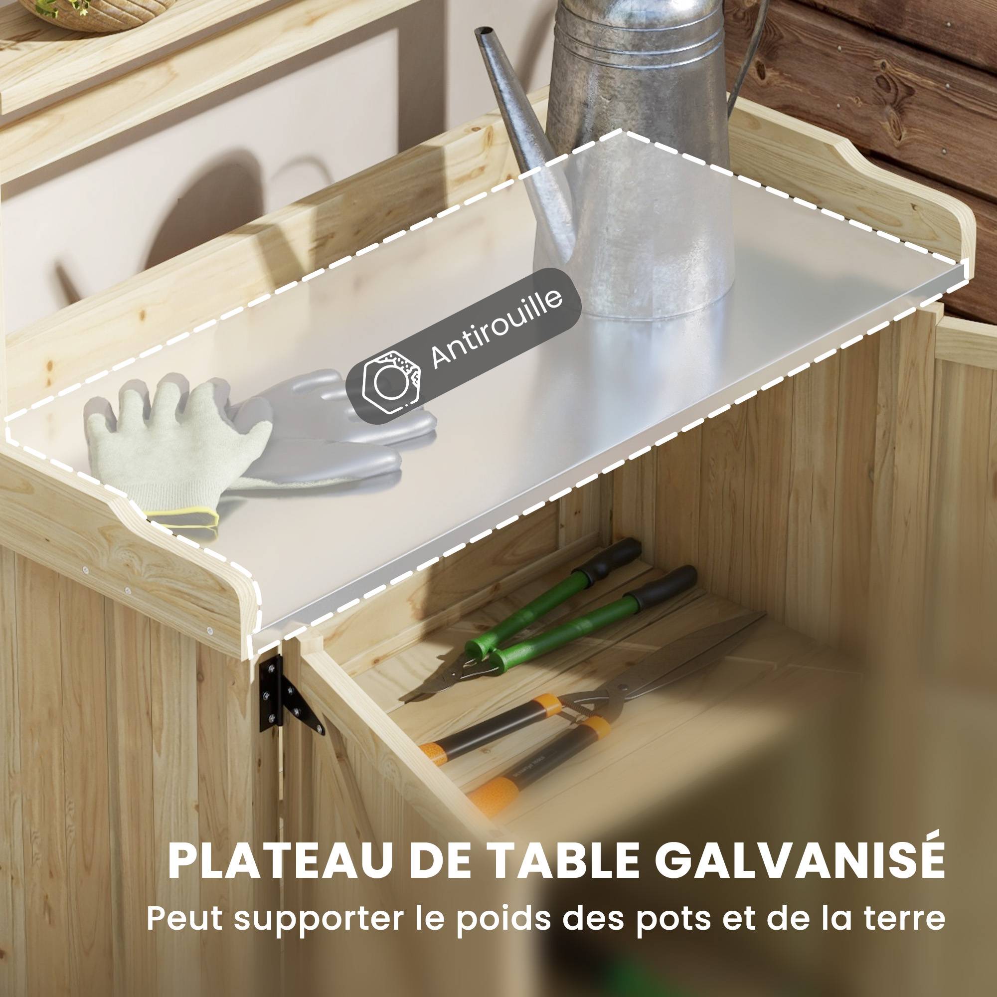 Table de rempotage table de jardinage placard et étagères et plateau patins antidérapants 90,5x41x124,5cm bois naturel - Image 6