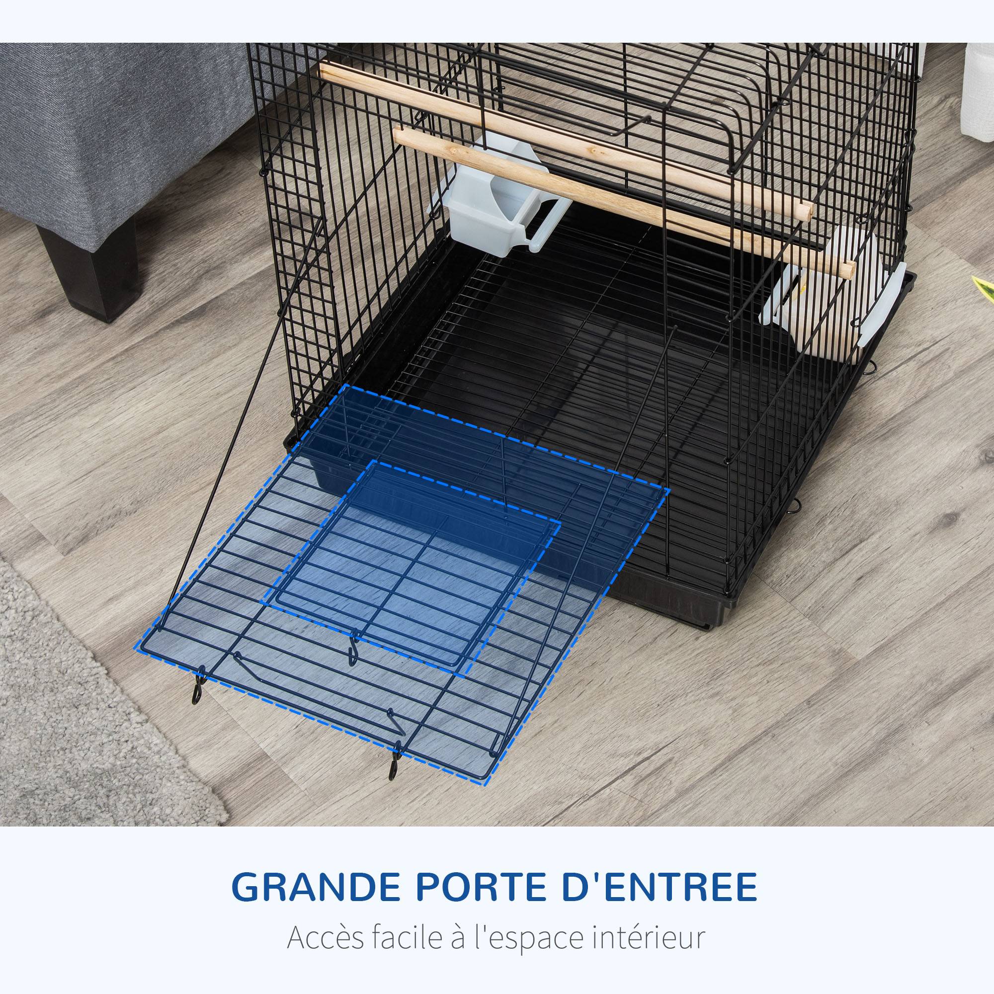 Cage à oiseaux en métal avec mangeoires perchoirs plateau amovible poignée dim. 40L x 40l x 59H cm noir - Image 8