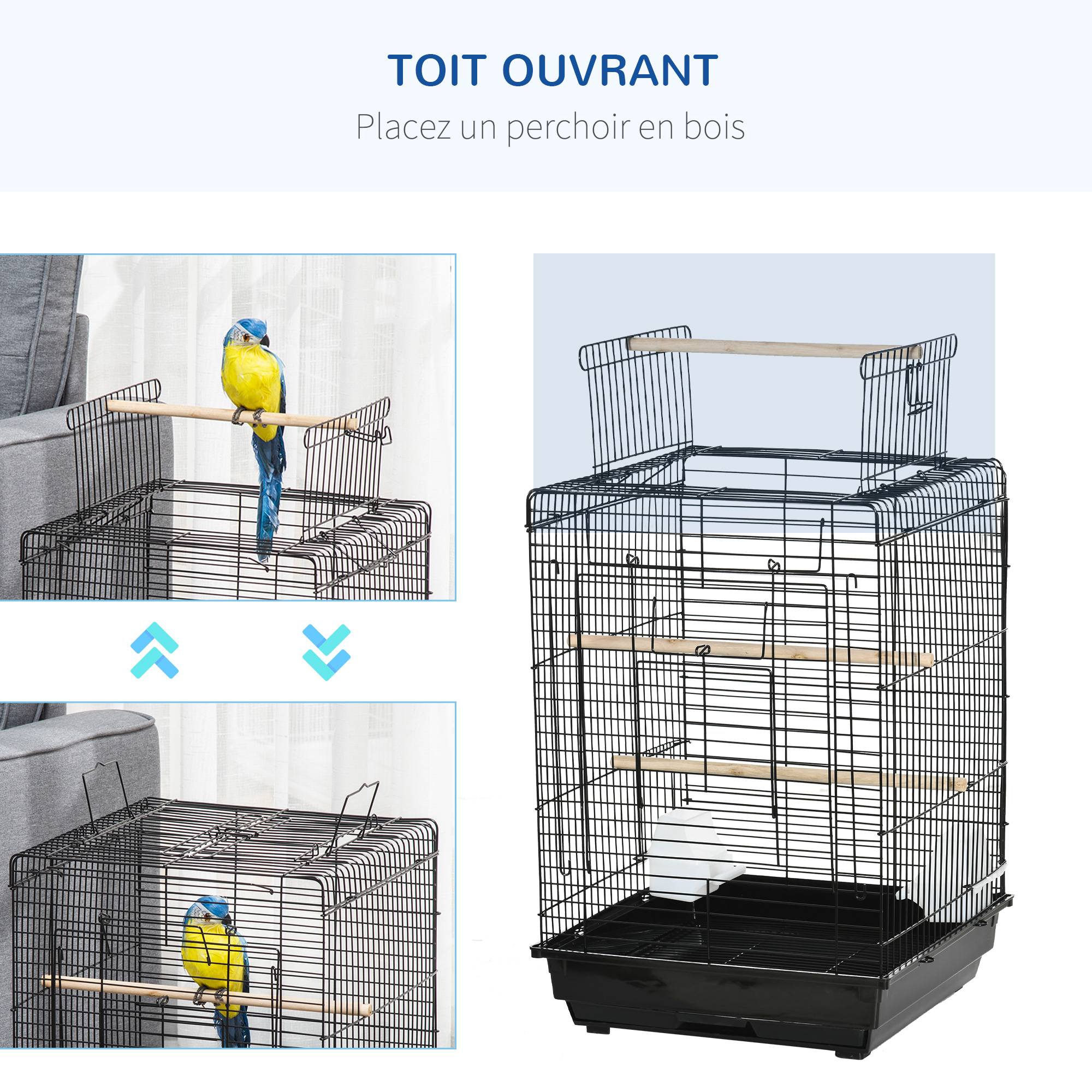 Cage à oiseaux en métal avec mangeoires perchoirs plateau amovible poignée dim. 40L x 40l x 59H cm noir - Image 10