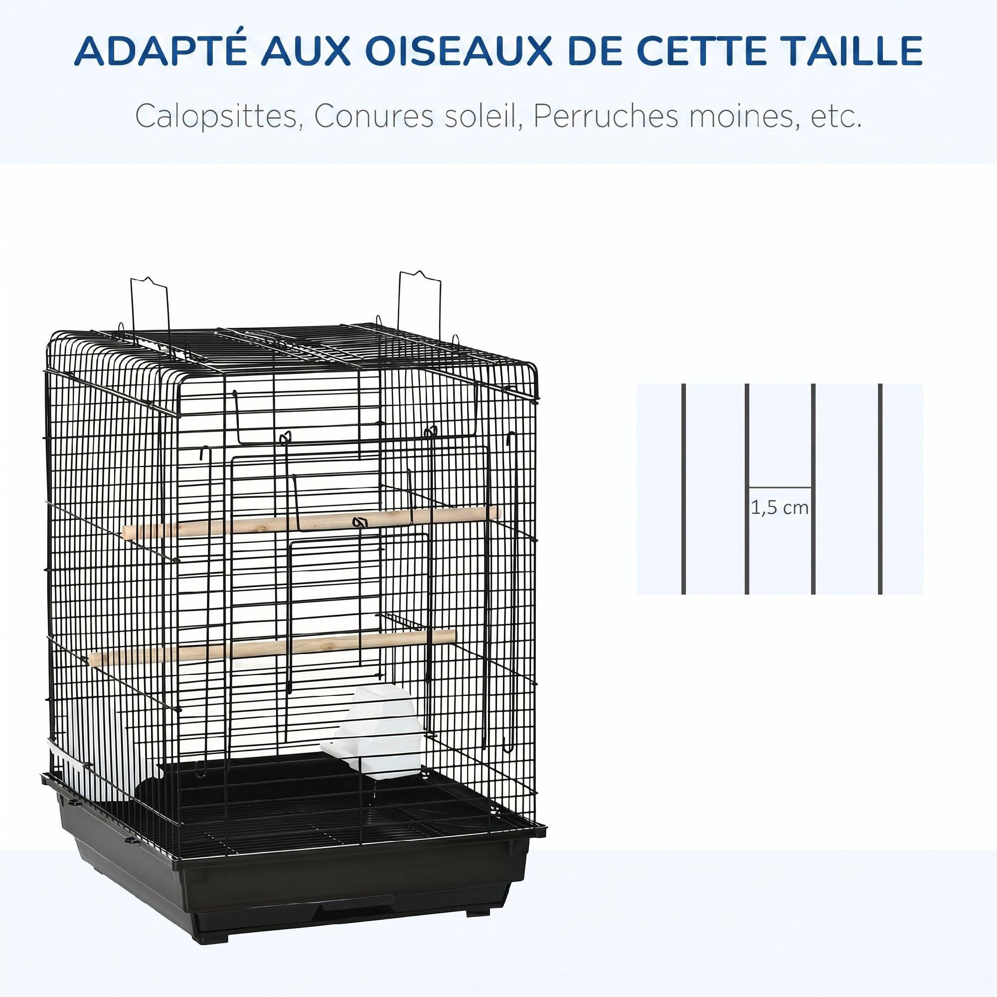 Cage à oiseaux en métal avec mangeoires perchoirs plateau amovible poignée dim. 40L x 40l x 59H cm noir - Image 6