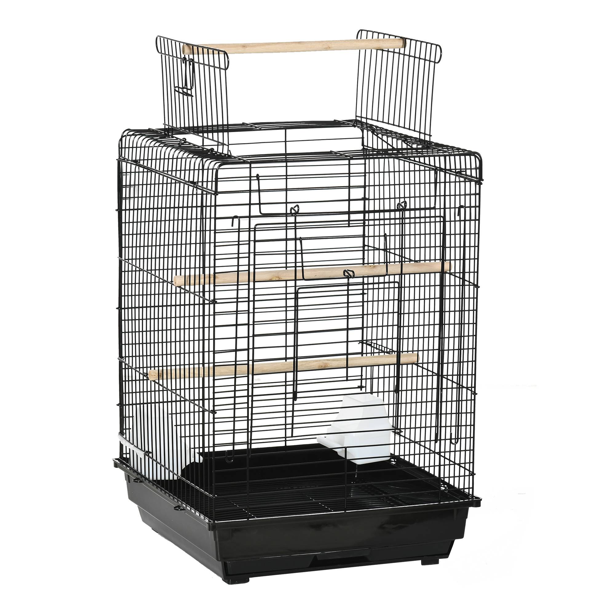 Cage à oiseaux en métal avec mangeoires perchoirs plateau amovible poignée dim. 40L x 40l x 59H cm noir - Image 1