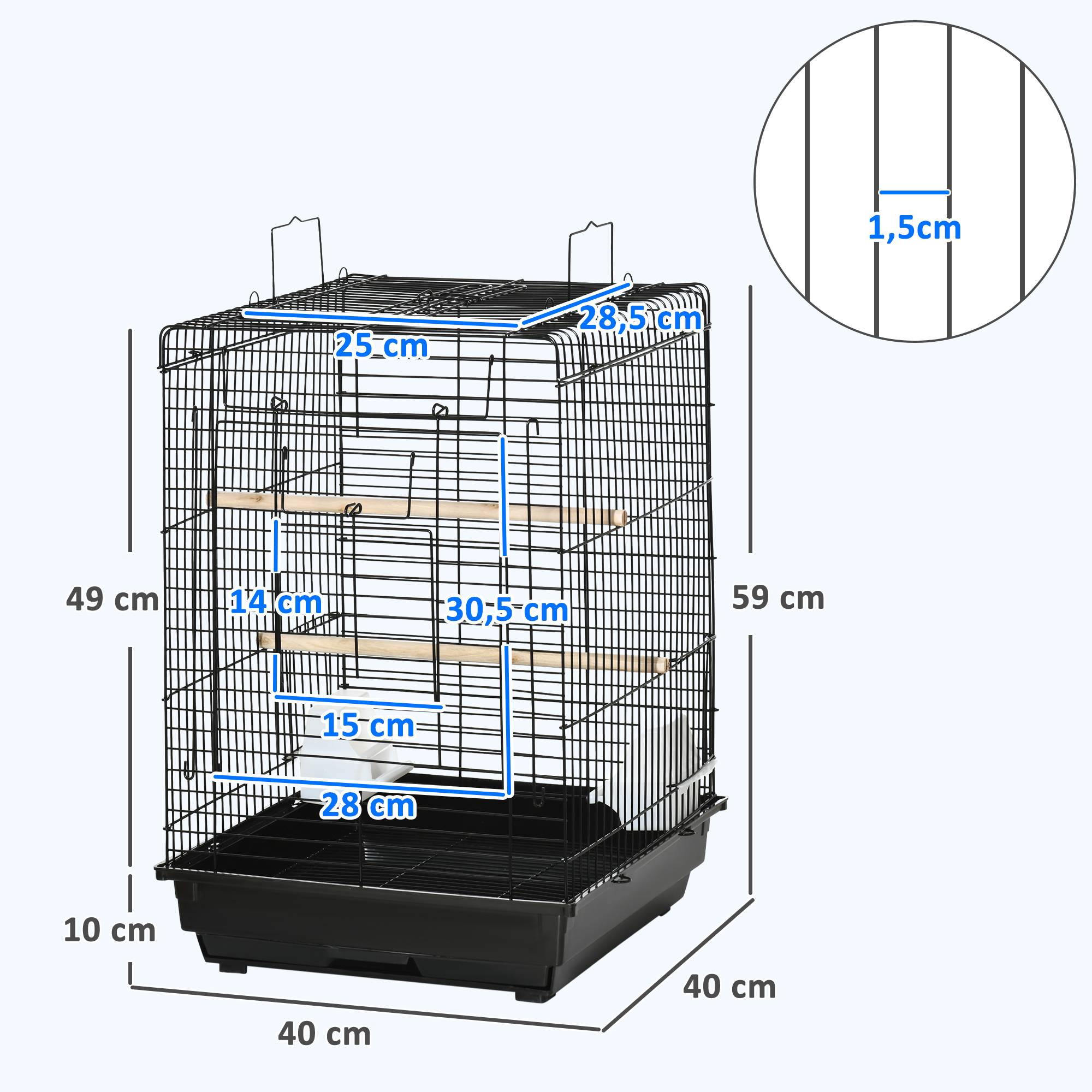 Cage à oiseaux en métal avec mangeoires perchoirs plateau amovible poignée dim. 40L x 40l x 59H cm noir - Image 5