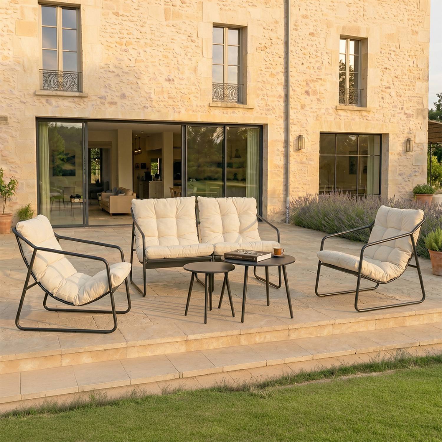 Concept Usine - Salon de jardin 4 places gris et beige avec tables basses ATRANI - Image 5