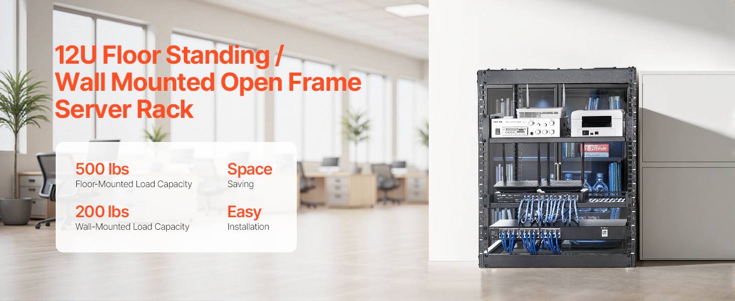 Vevor - VEVOR Rack serveur 12U cadre ouvert, 585 mm profondeur, montage 19" - autoportant ou mural, étagères ventilées, kit de montage inclus. - Image 9
