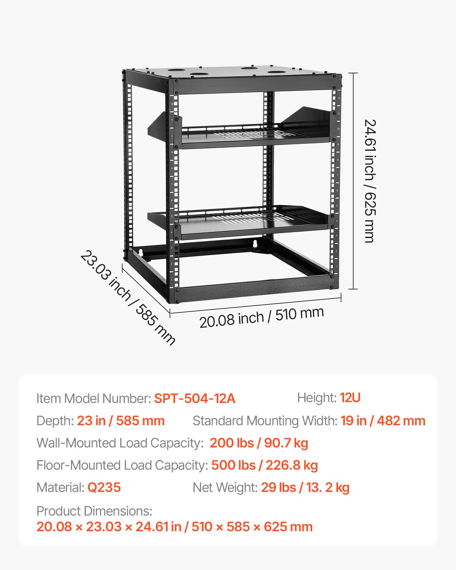 Vevor - VEVOR Rack serveur 12U cadre ouvert, 585 mm profondeur, montage 19" - autoportant ou mural, étagères ventilées, kit de montage inclus. - Image 6