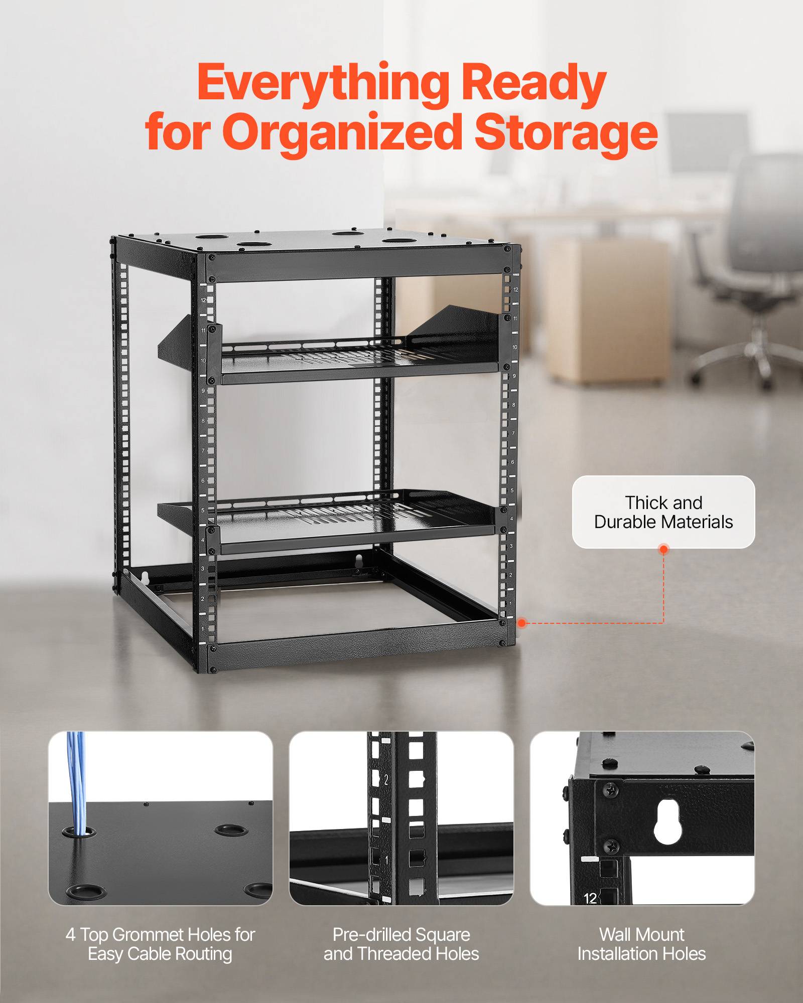 Vevor - VEVOR Rack serveur 12U cadre ouvert, 585 mm profondeur, montage 19" - autoportant ou mural, étagères ventilées, kit de montage inclus. - Image 7